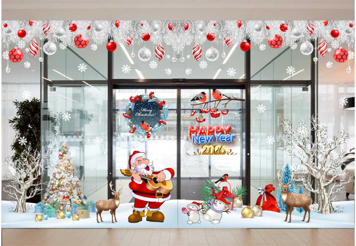 Trang trí noel cửa kính tòa nhà 2026