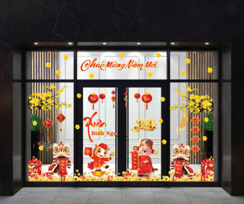 Decal dán kính trang trí tết công ty